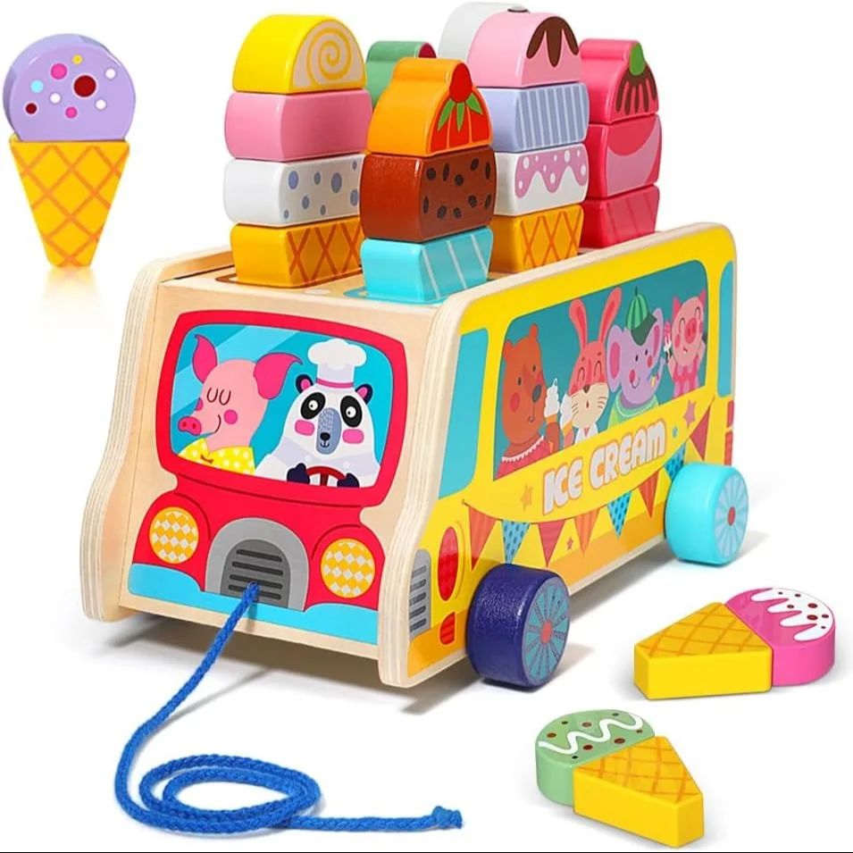Woodworking For Kids - รถบรรทุกไอศกรีมไม้, ของเล่นไอศกรีม 27 ชิ้นสําหรับเด็ก, ห้องนั่งเล่นไอศกรีมเด็กไม้พร้อมล้อเลื่อนได้และแม่เหล็ก