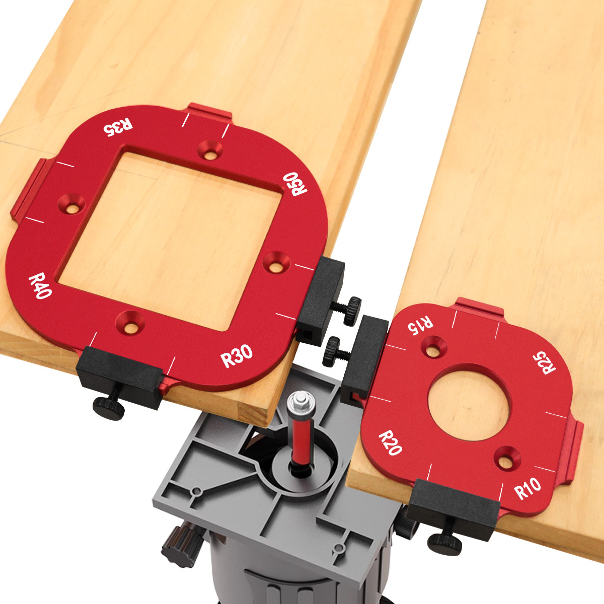 Woodworking Design Software - แม่แบบมุมโค้งสำหรับเครื่องเราเตอร์งานไม้, จิ๊กมุมโค้ง 4-in-1, จิ๊กกำหนดตำแหน่งมุมโค้ง R10‑R50 สำหรับการเซาะรูด้วยดอกเราเตอร์