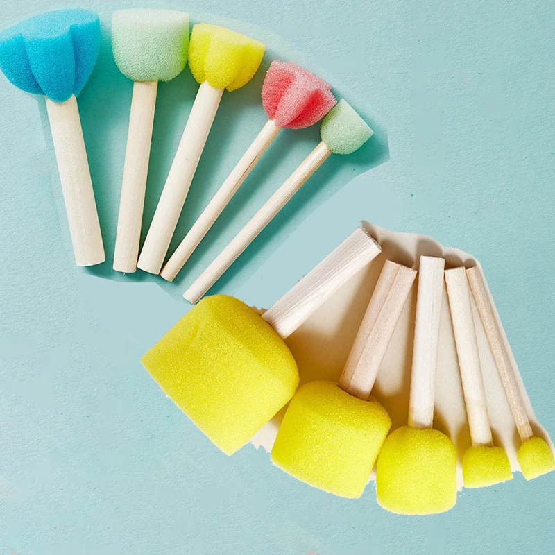 Woodworking For Kids - ชุดแปรงฟองน้ำหัวเห็ดด้ามไม้ 10 ชิ้น สำหรับเด็ก วาดภาพ DIY